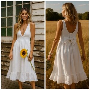 Chasing Unicorns White Eyelet Bow Back Midi Dress Small Bridal Summer